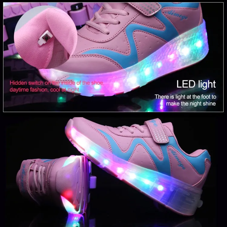 786 LED Light Ultra Light Rechargeable Double Wheel Roller Skating Shoes Sport Shoes, Size : 29(Pink)