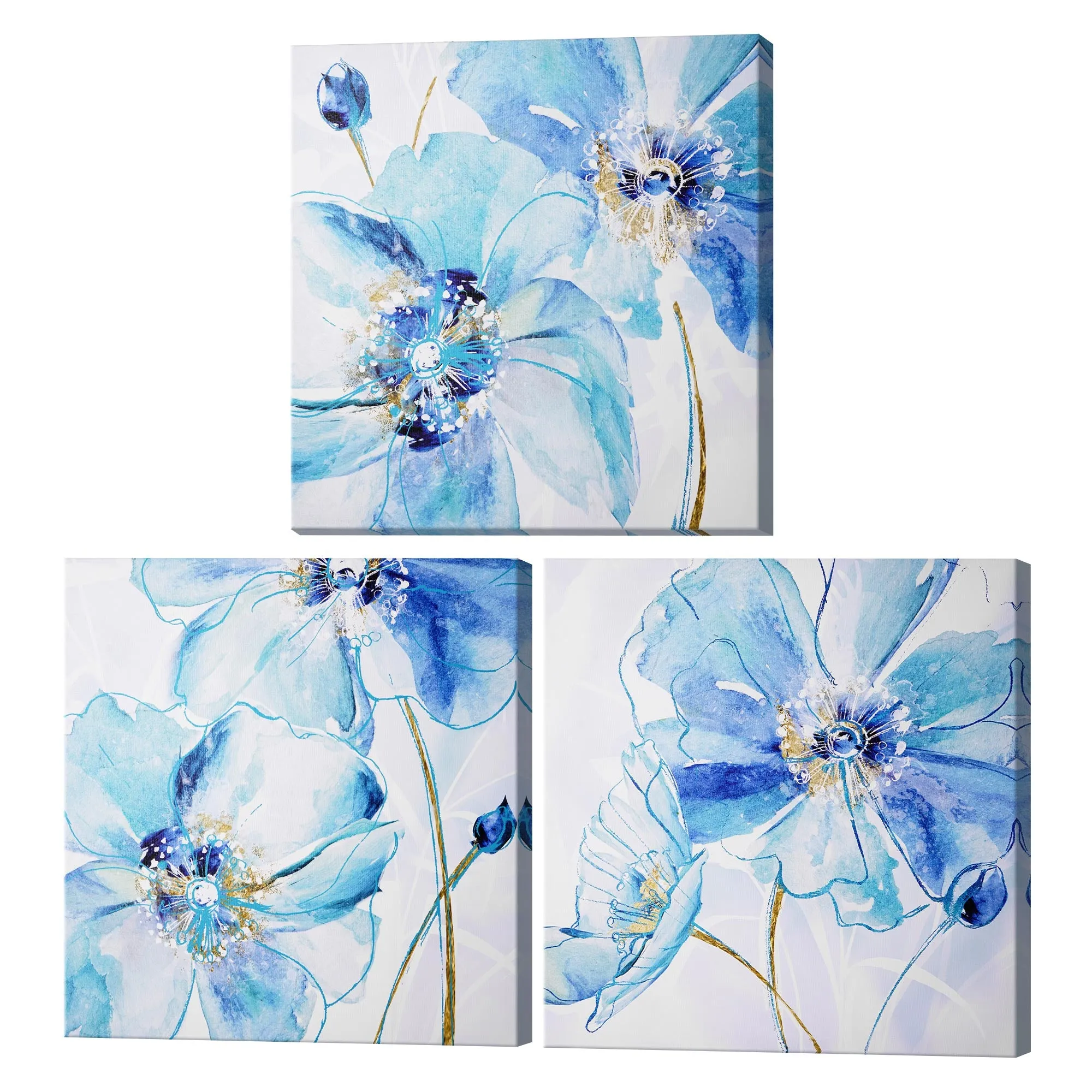 Blue Spring Poppy Canvas Wall Art Print Set of 3 - 20" x 20"