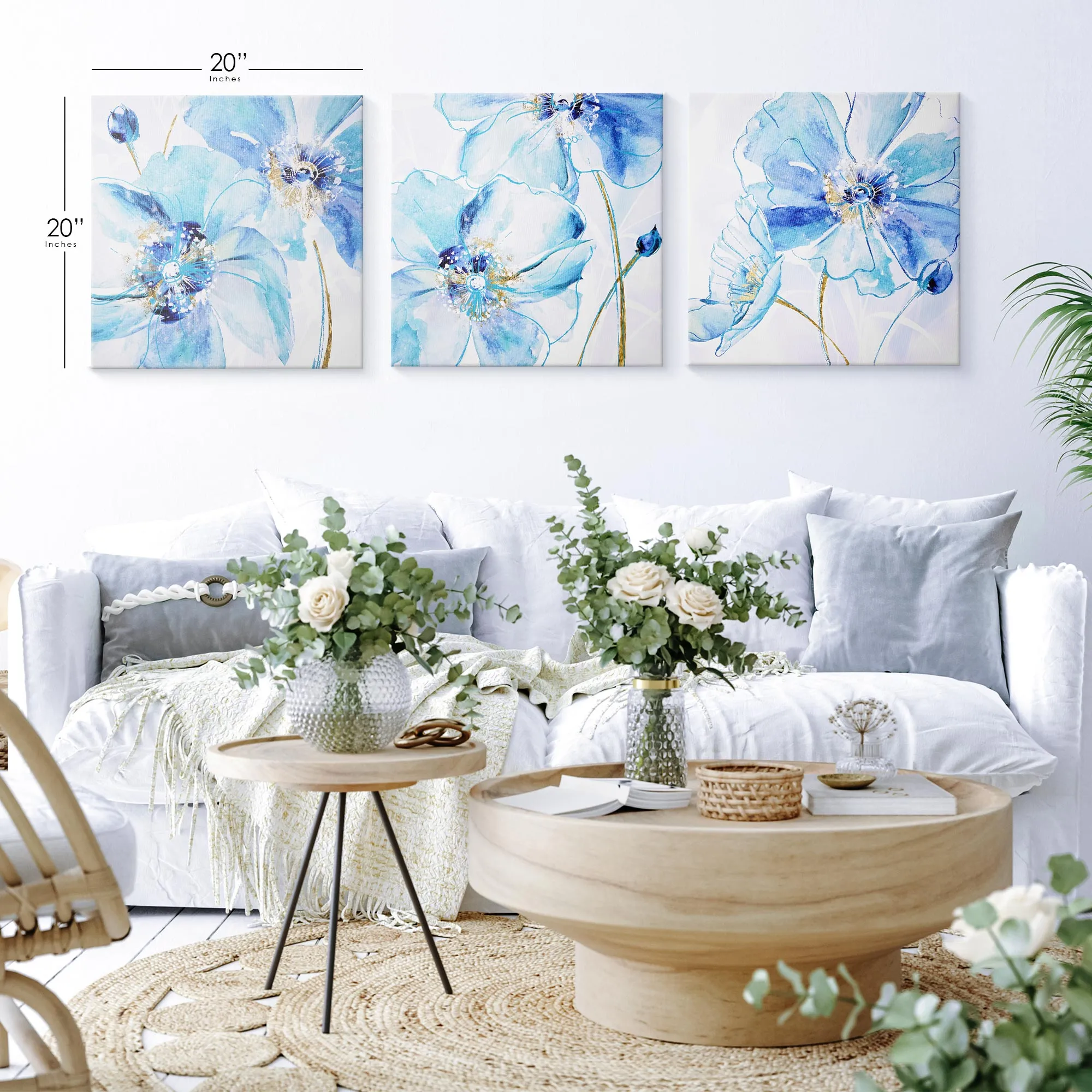 Blue Spring Poppy Canvas Wall Art Print Set of 3 - 20" x 20"