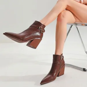 Chelsea Style Pointed Toe Buckle Strap Block Heel Ankle Boots - Dark Brown