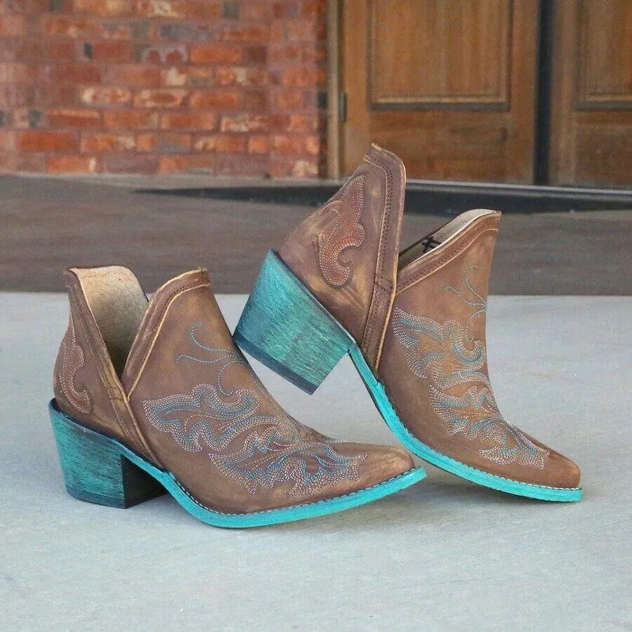 Circle G by Corral Ladies Cognac Brown & Turquoise Embroidery Booties