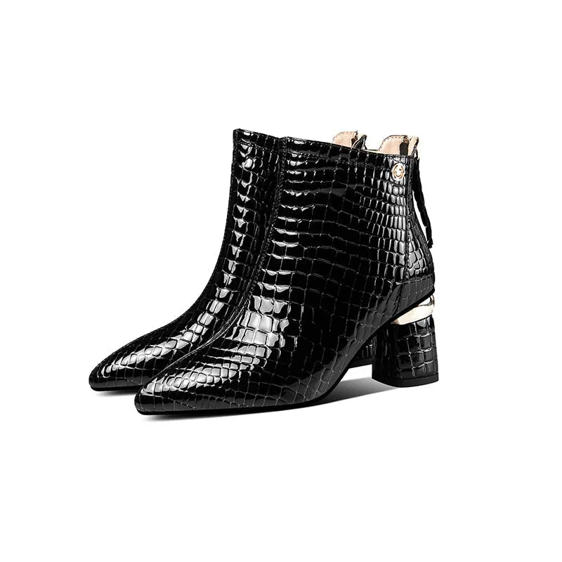 CrocoGlam Leather Zipper Ankle Boots