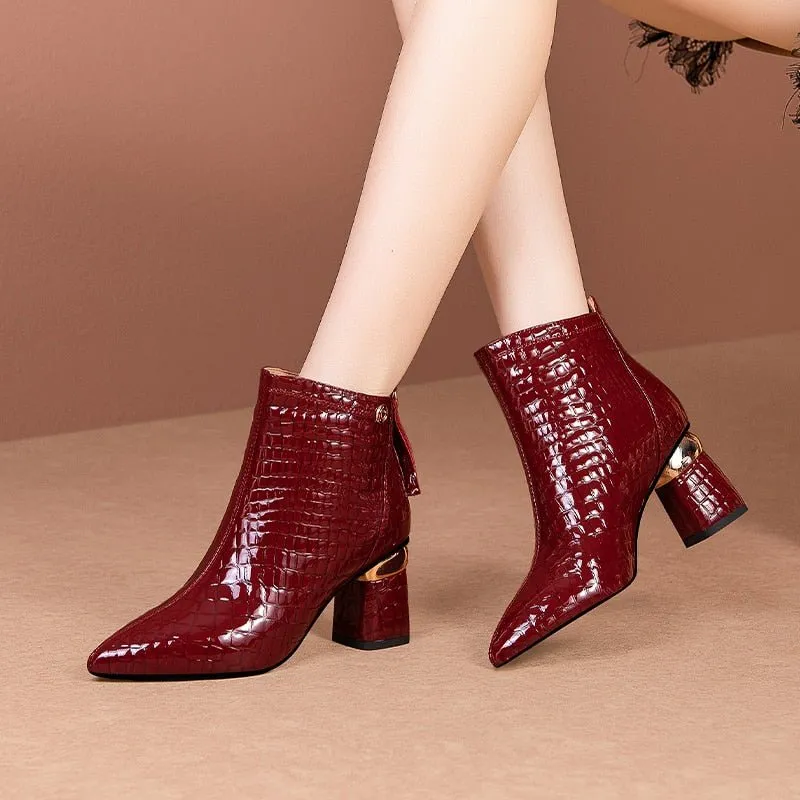 CrocoGlam Leather Zipper Ankle Boots