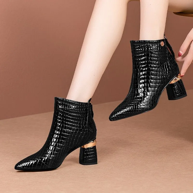 CrocoGlam Leather Zipper Ankle Boots