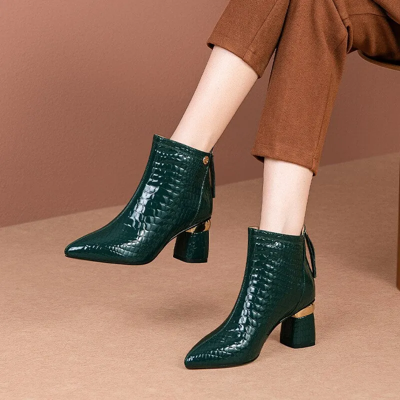 CrocoGlam Leather Zipper Ankle Boots