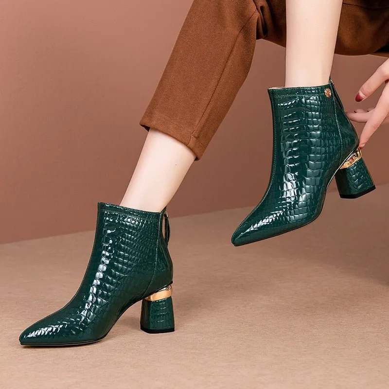 CrocoGlam Leather Zipper Ankle Boots