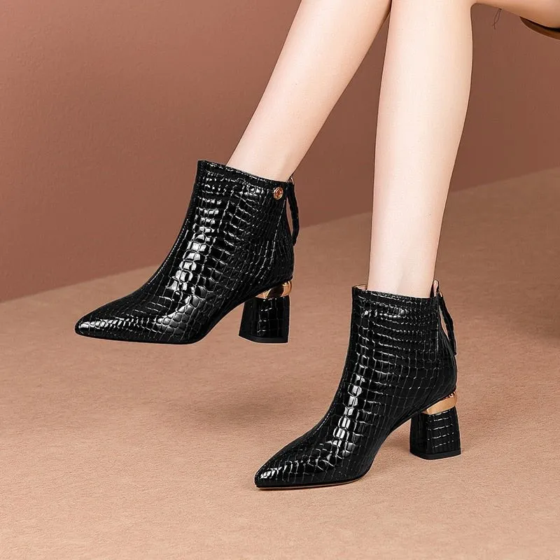 CrocoGlam Leather Zipper Ankle Boots