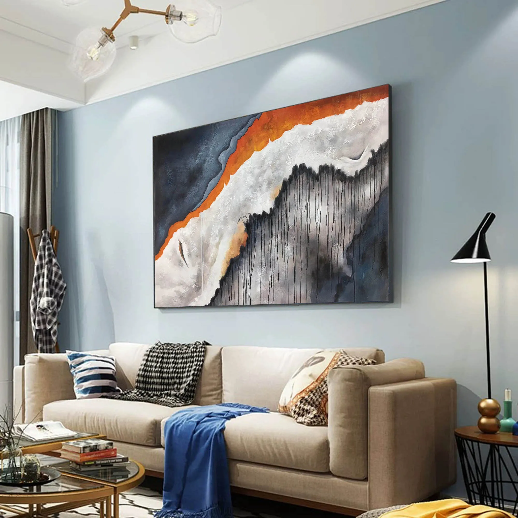 Deep Blue White Modern Abstract Painting Orange Acrylic Painting Np115