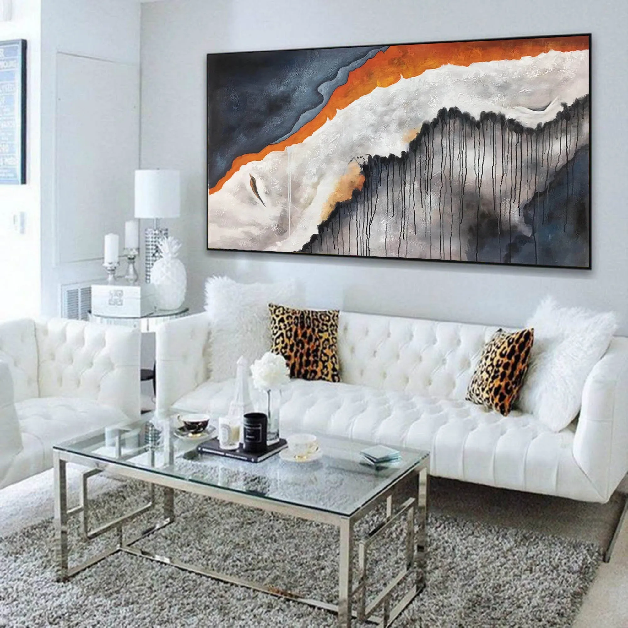 Deep Blue White Modern Abstract Painting Orange Acrylic Painting Np115