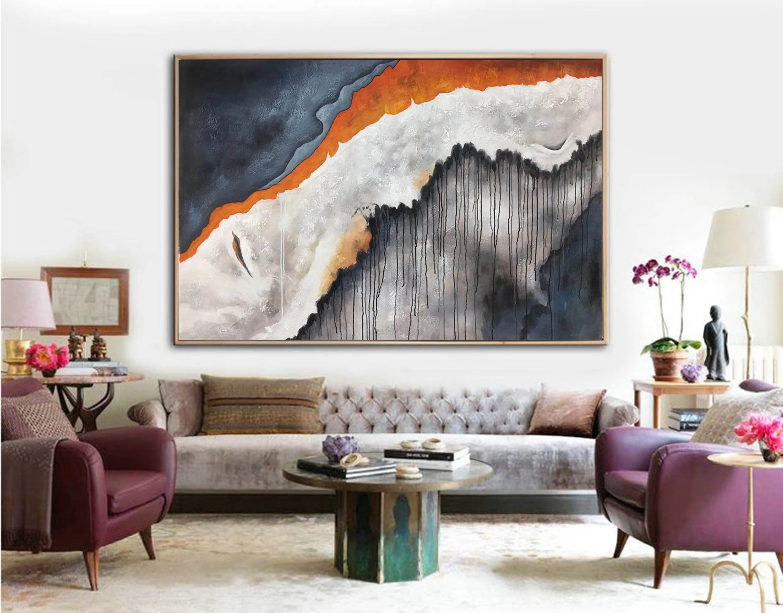 Deep Blue White Modern Abstract Painting Orange Acrylic Painting Np115