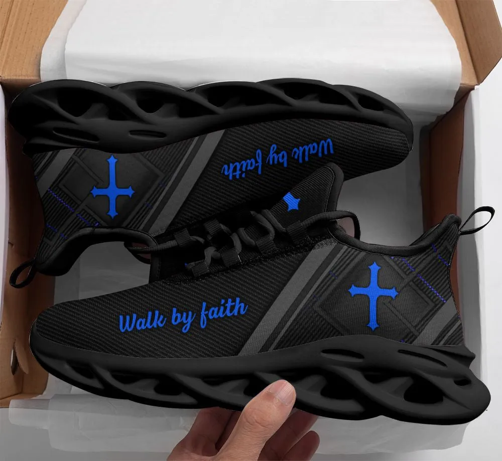 Jesus Black Blue Walk By Faith Running Sneakers 1 Max Soul Shoes - Christian Shoes For Men And Women