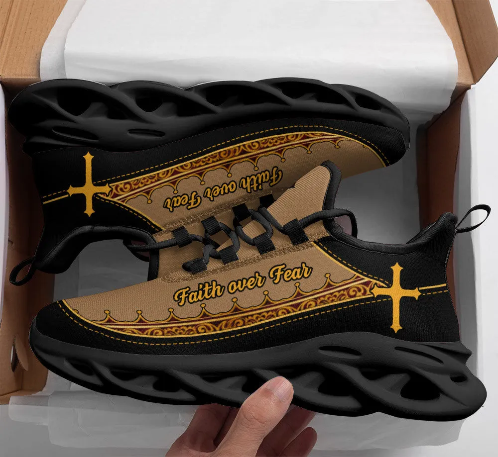 Jesus Faith Over Fear Running Sneakers Brown Max Soul Shoes - Christian Shoes For Men And Women