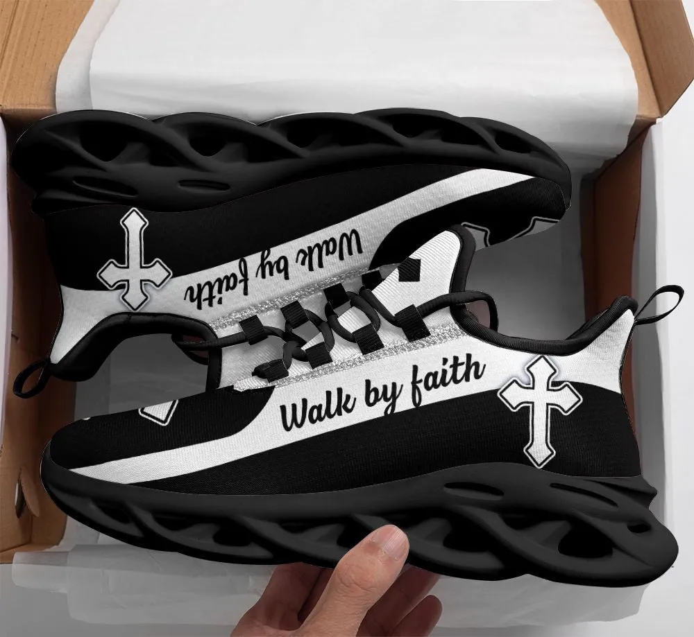 Jesus Walk By Faith Running Sneakers Black White 2 Max Soul Shoes - Christian Shoes For Men And Women