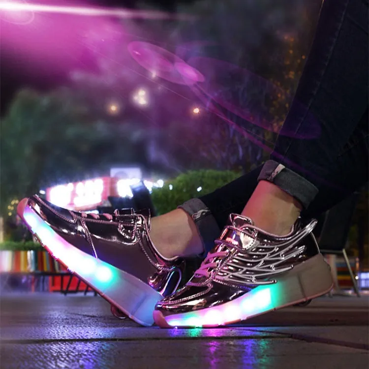 K02 LED Light Single Wheel Wing Roller Skating Shoes Sport Shoes, Size : 34 (Pink)