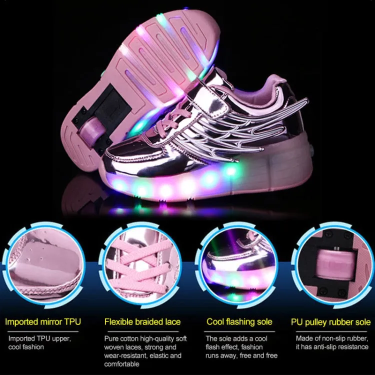 K02 LED Light Single Wheel Wing Roller Skating Shoes Sport Shoes, Size : 34 (Pink)