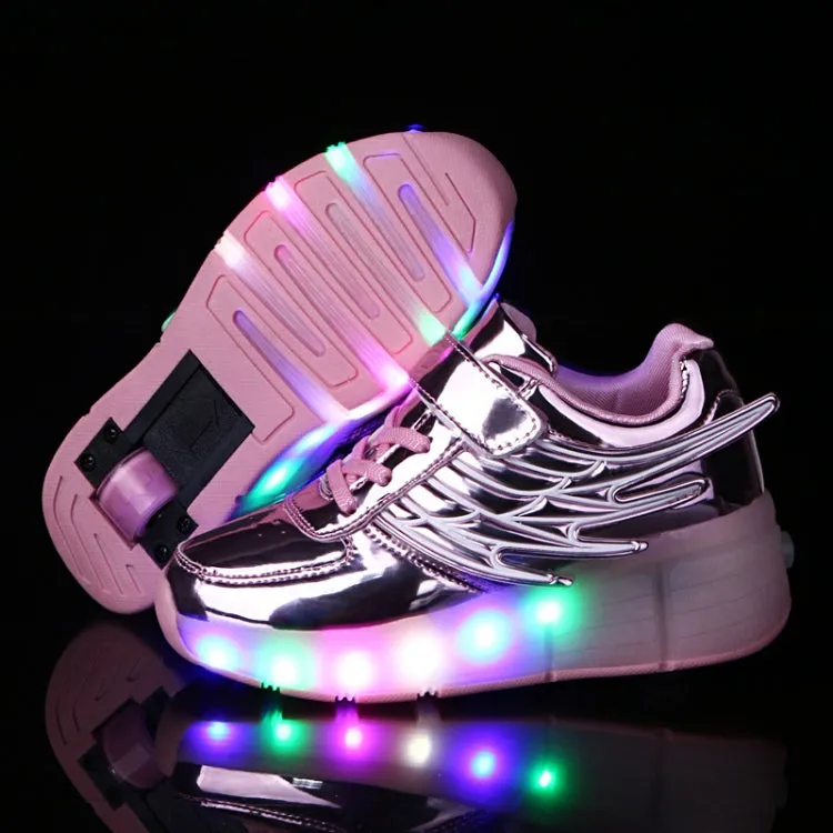 K02 LED Light Single Wheel Wing Roller Skating Shoes Sport Shoes, Size : 35 (Pink)