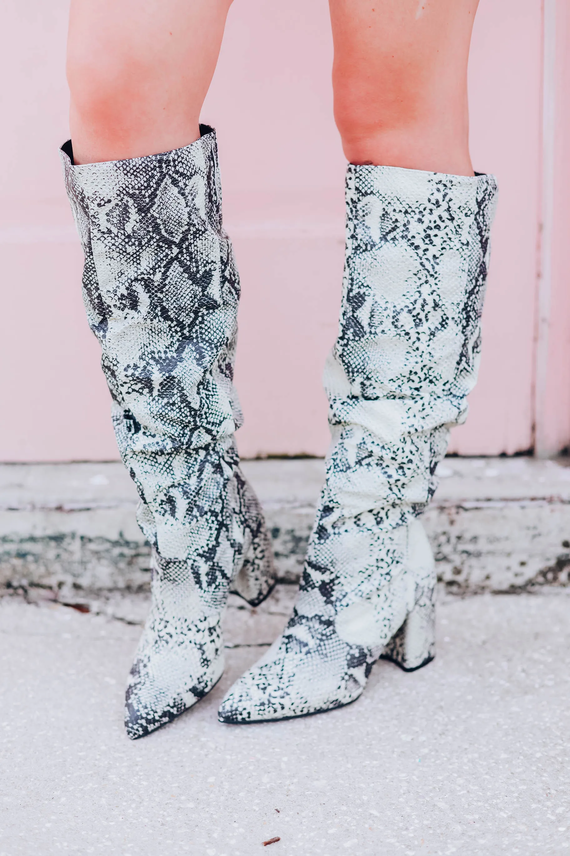 Knee High Snakeskin Slouch Boot - Stone/Black