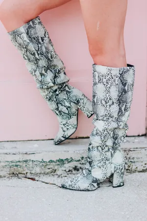 Knee High Snakeskin Slouch Boot - Stone/Black