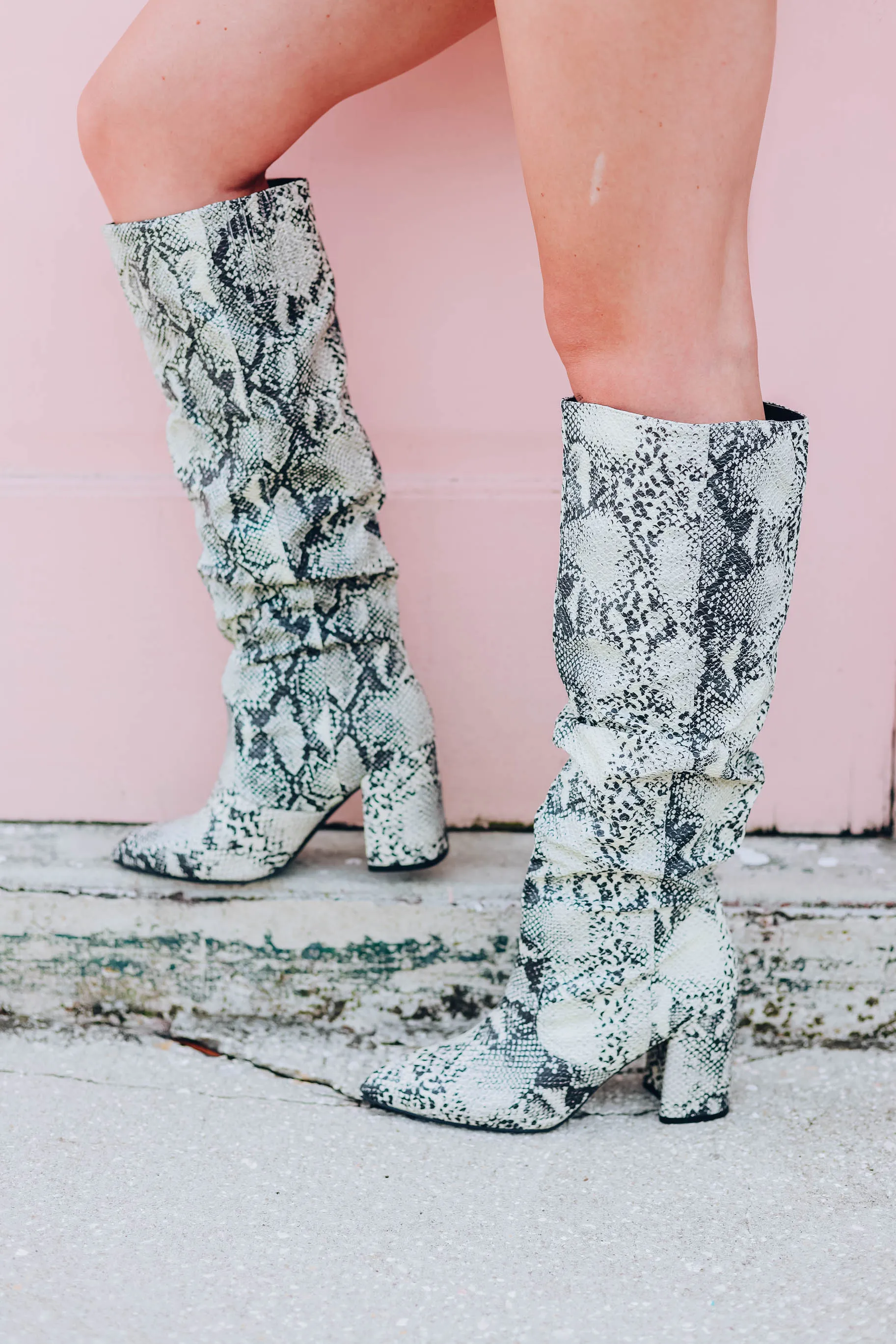 Knee High Snakeskin Slouch Boot - Stone/Black