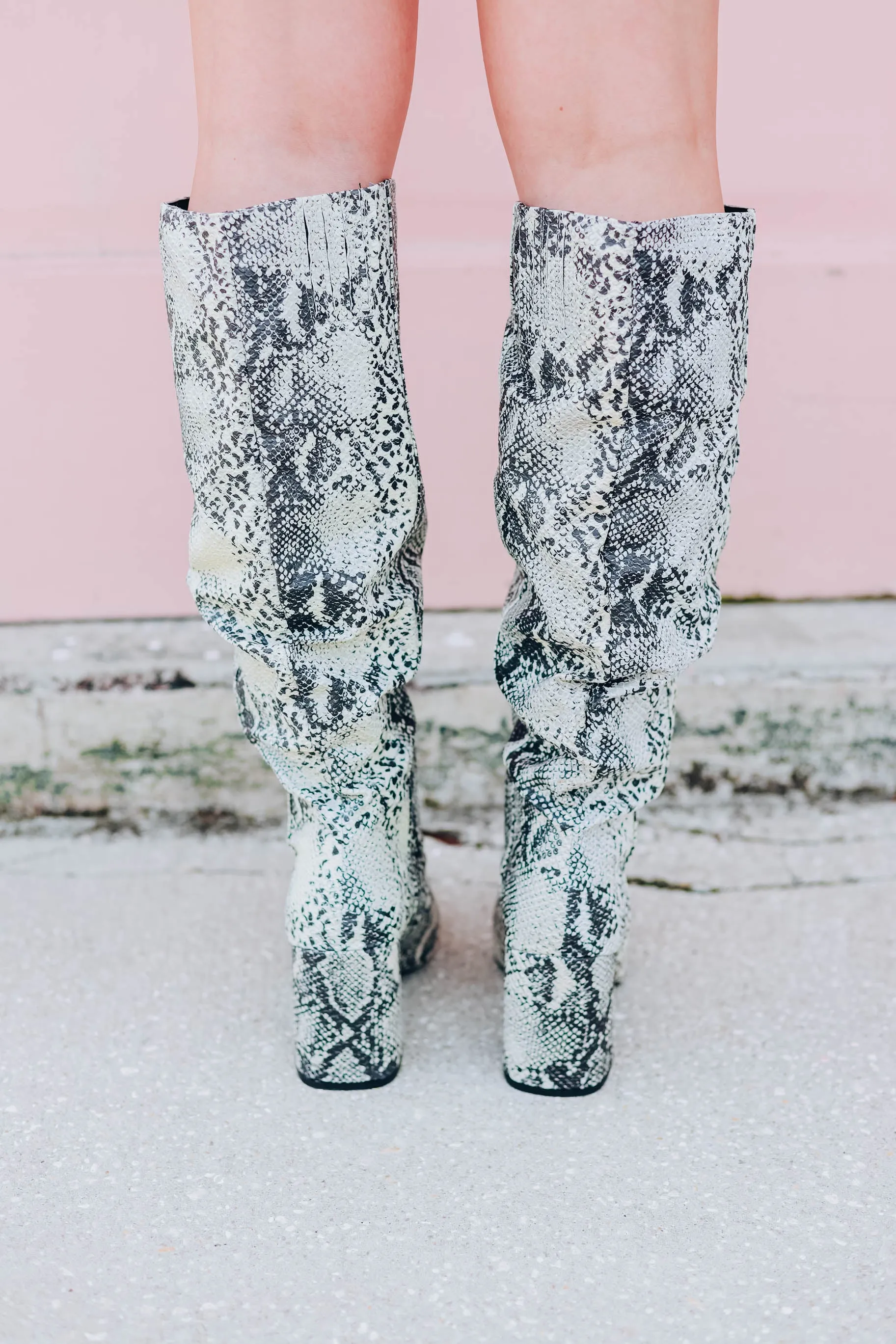 Knee High Snakeskin Slouch Boot - Stone/Black