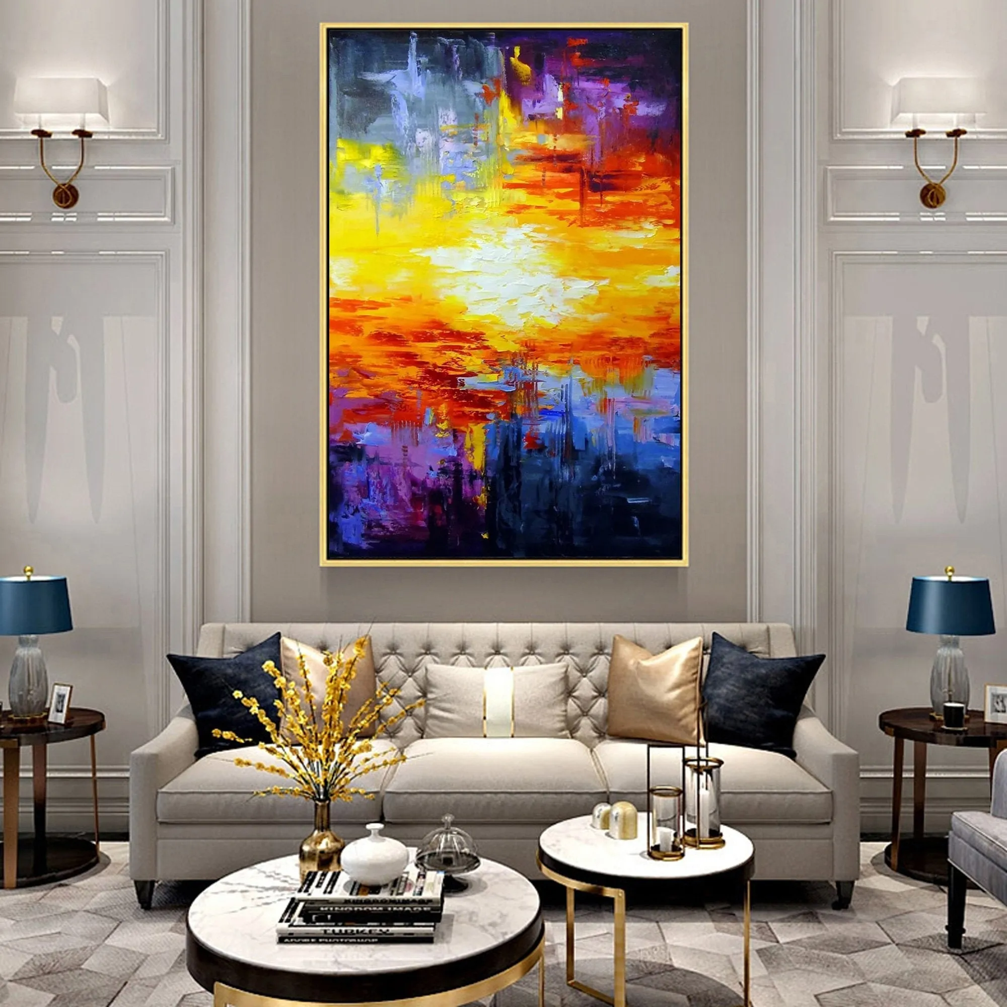 Large Blue Yellow Abstract Painting Abstract Art Canvas Landscape Cp011