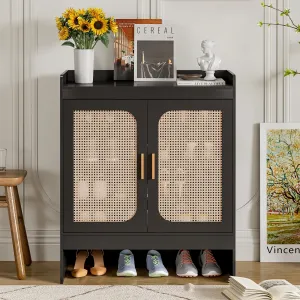 modern Shoe Storage Cabinet for Entryway, Rattan Shoe Rack Storage Organizer, Shoe Closet with Doors