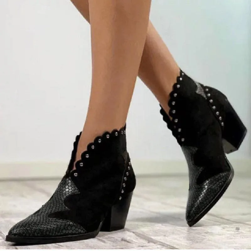 Retro Ankle Slip on Pointed Toe Snake Rivet Mixed Color Soft Leather Boots