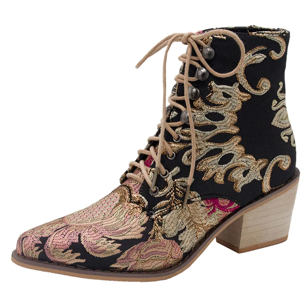 Stylish Chelsea Embroider Lace Up Pointed Toe High Heel Warm Cowboy Ankle Boots