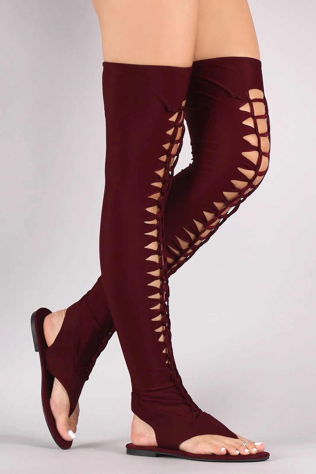 Suede Elastane Thigh High Braided Cutout Gladiator Flat Sandal