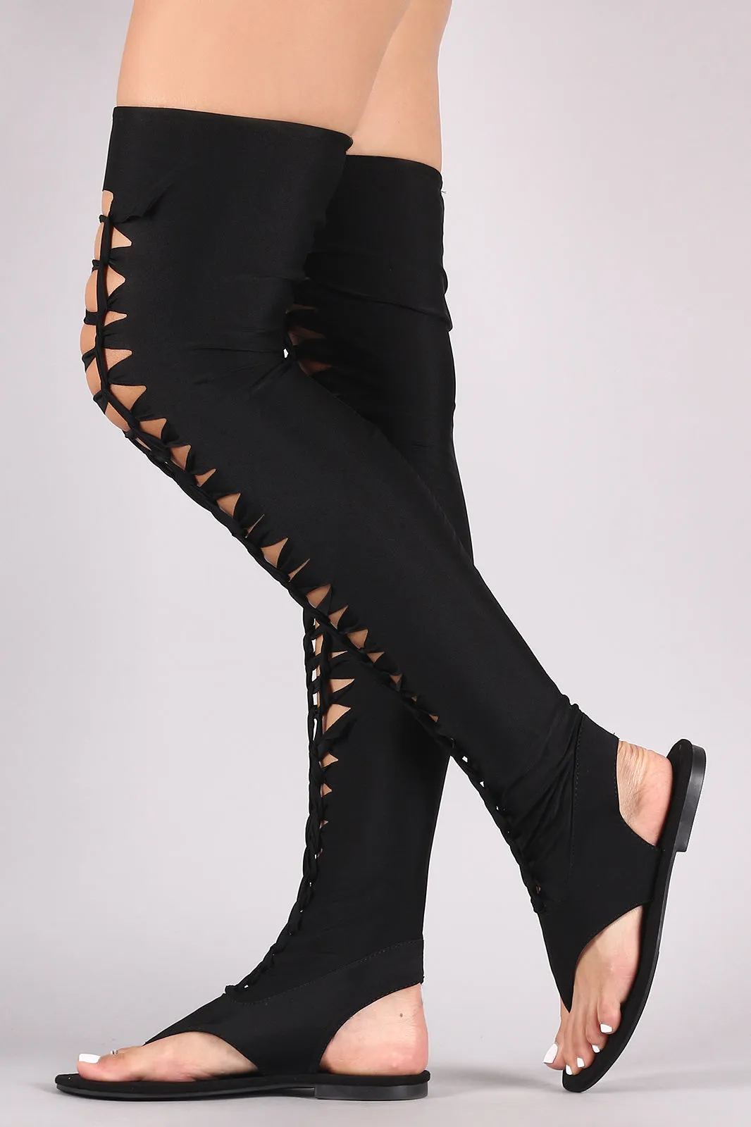 Suede Elastane Thigh High Braided Cutout Gladiator Flat Sandal