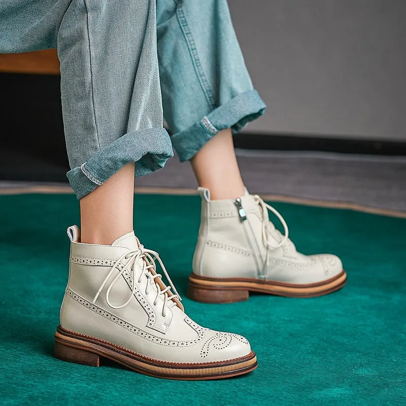 Trendy Brogue Shoes Zipper Side Lace-up Vegan Leather Ankle Boots