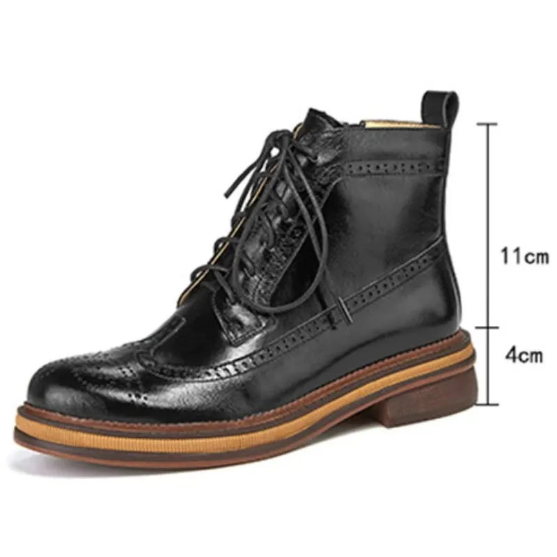 Trendy Brogue Shoes Zipper Side Lace-up Vegan Leather Ankle Boots