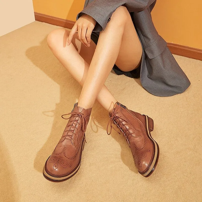 Trendy Brogue Shoes Zipper Side Lace-up Vegan Leather Ankle Boots