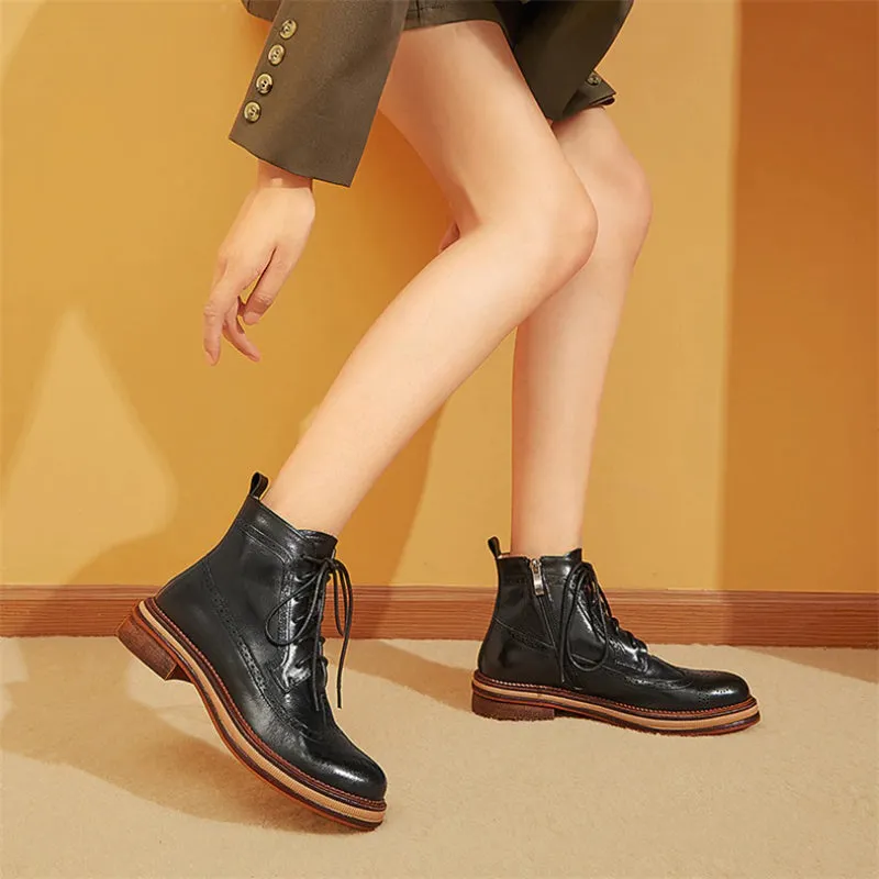 Trendy Brogue Shoes Zipper Side Lace-up Vegan Leather Ankle Boots