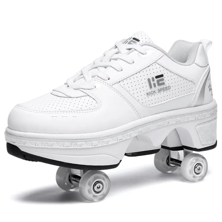 Two-Purpose Skating Shoes Deformation Shoes Double Row Rune Roller Skates Shoes, Size: 34(High-top With Light (White))