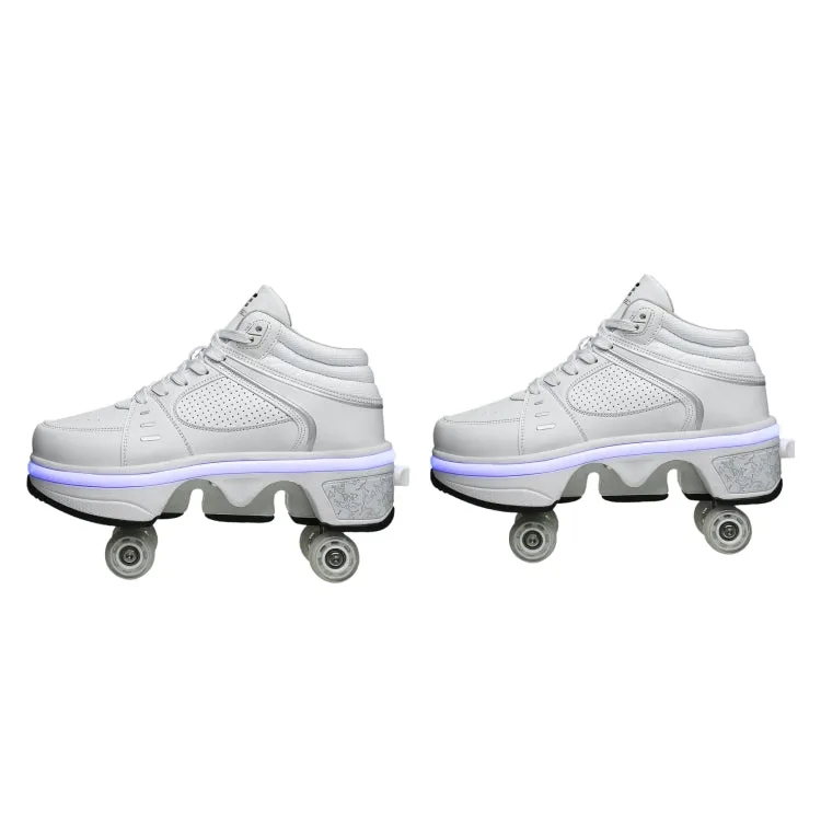 Two-Purpose Skating Shoes Deformation Shoes Double Row Rune Roller Skates Shoes, Size: 34(High-top With Light (White))