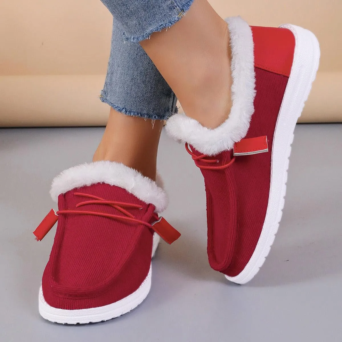 Women's Round Head Lace Plus Velvet Warm Shoes