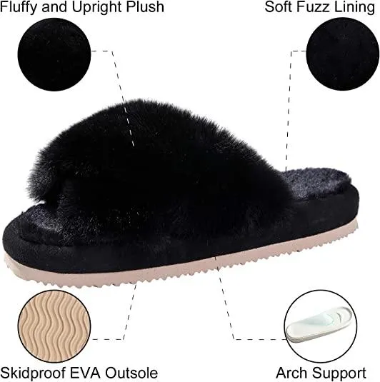 Women's Soft Plush Fuzzy Cross Band Open Toe Slippers