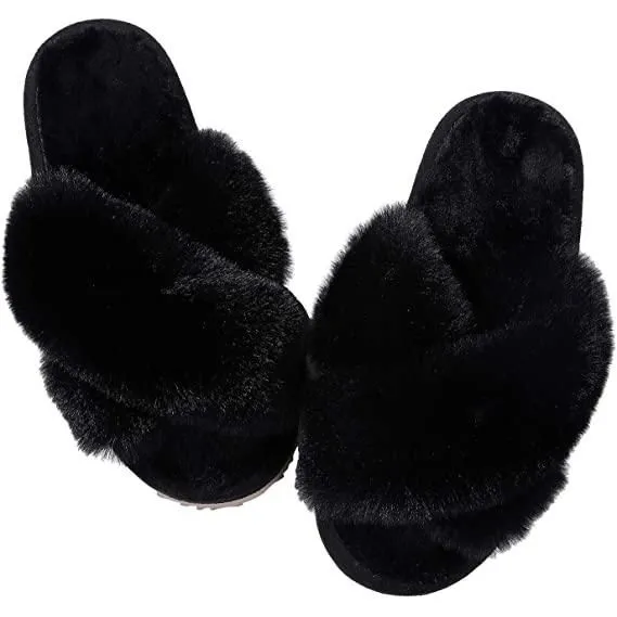 Women's Soft Plush Fuzzy Cross Band Open Toe Slippers